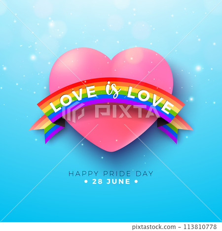 Happy Pride Day LGBTQ Illustration with Pink Heart and Rainbow Ribbon on Blue Background. 28 June Love is Love Human Rights or Diversity Concept. Vector LGBT Event Banner Design for Postcard, Banner 113810778
