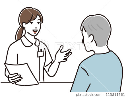 Rear view of a nurse explaining to a senior man 113811361