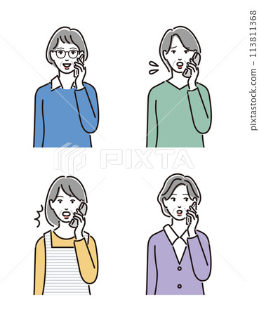 A set of senior women talking on the phone with various expressions 113811368