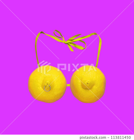 Creative image depicting lemons forming female bra, swimsuit on pink background. Summer vibe. Contemporary art collage. 113811450