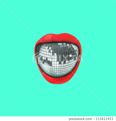 Illustration of female red lips with disco ball inside. Contemporary art collage. Nightclub, party poster, events. Music streaming services Illustration of female red lips with disco ball inside. Contemporary art collage. Nightclub, party poster, events. Music streaming services 113811453