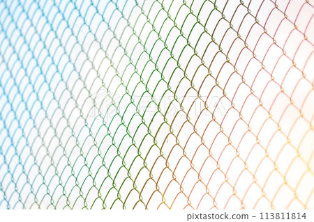 Mesh fence or metal grid at sunset. Steel grating fence made with wire on blue sky background. 113811814