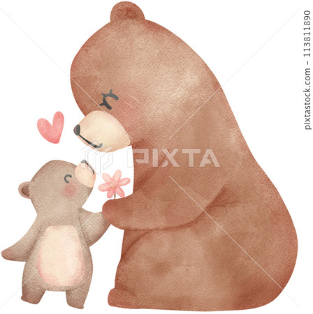 Heartwarming Mother's Day Bear Watercolor Illustration Mom and Baby Bond. 113811890