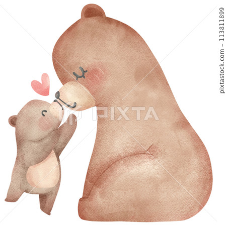 Heartwarming Mother's Day Bear Watercolor Illustration Mom and Baby Bond. 113811899