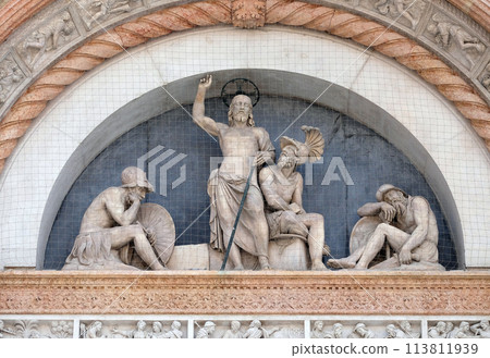 Lunette of the Resurrection, facade of San Petronio Basilica by Alfonso Lombardi in Bologna, Italy 113811939