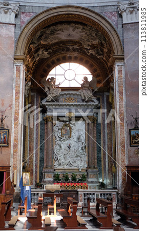 St Francis of Paola venerating the icon altarpiece in chapel of Our Lady of Miracles, Church San Giacomo in Augusta in Rome, Italy St Francis of Paola venerating the icon altarpiece in chapel of Our Lady of Miracles, Church San Giacomo in Augusta in Rome, Italy 113811985