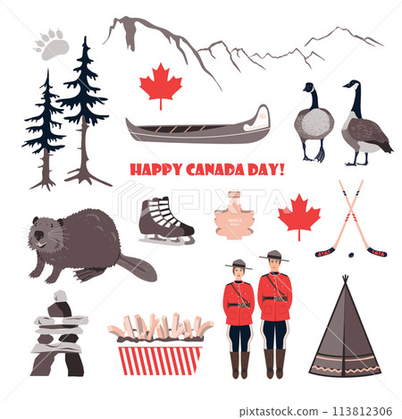 Canadian symbols such as beaver, goose, canoe, teepee, hockey, royal police, maple leaves and mountains. Happy National Day of Canada. Vector background 113812306