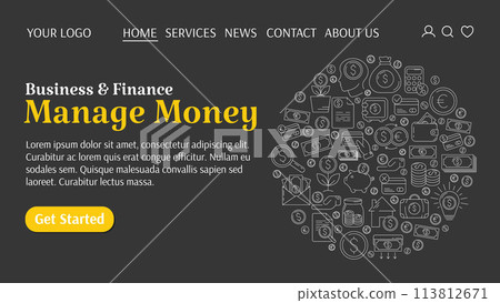 Money and payment methods, round composition, outline icon set. Manage money creative concept. Business and finance template for website. For banner, landing page. Vector illustration, flat style Money and payment methods, round composition, outline icon set. Manage money creative concept. Business and finance template for website. For banner, landing page. Vector illustration, flat style 113812671