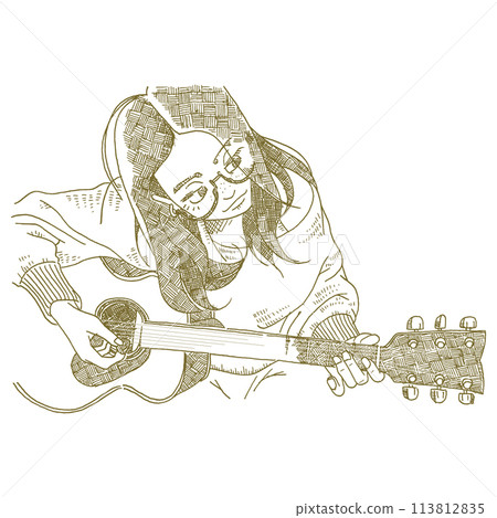 彈吉他的女人的線條畫插圖 113812835