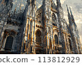 The ancient architecture of the building in the Gothic style. 113812929