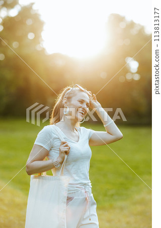 smiling stylish 40 years old woman in white shirt smiling stylish 40 years old woman in white shirt 113813177