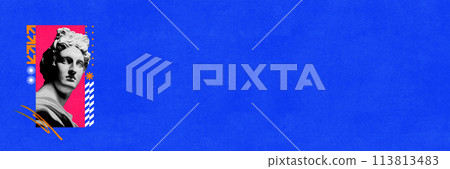 Banner. Contemporary art collage. Classical statue bust with abstract elements against blue background with vibrant graphic details. 113813483