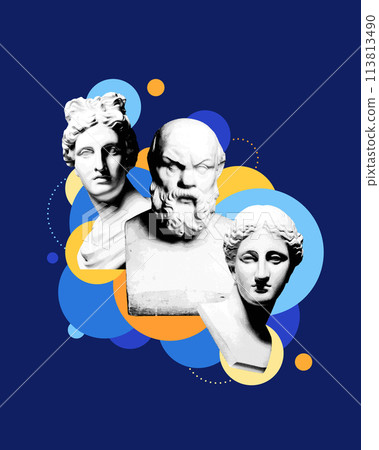Contemporary art collage. Three classical sculpture busts with blue and orange circular abstract shapes on vibrant background. 113813490