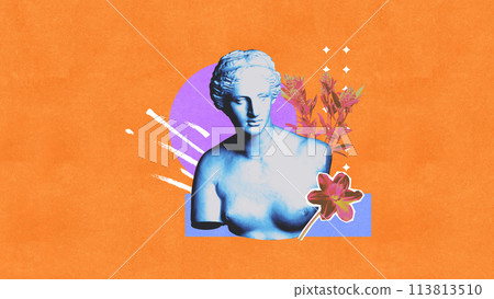 Contemporary art collage. Classic sculpture bust against orange background with abstract purple shapes and pink flowers and foliage. Contemporary art collage. Classic sculpture bust against orange background with abstract purple shapes and pink flowers and foliage. 113813510