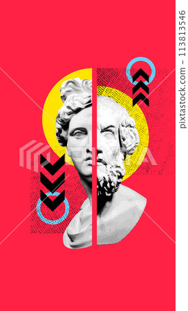 Contemporary art collage. Two halves of classical busts against yellow half-circle on bright red background, accented with halftone patterns and cyan arrows. 113813546