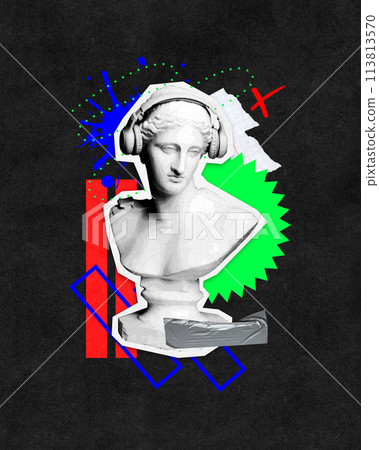 Contemporary art collage. Classical bust wearing headphones with burst of abstract shapes in and geometric elements on textured black background. 113813570