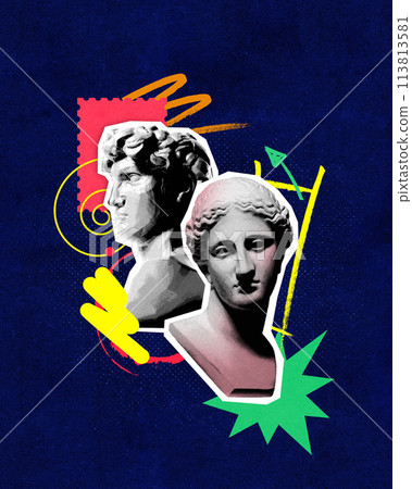 Contemporary art collage. Two classical statues, one in color and one in monochrome surrounded vibrant geometric shape against blue background. 113813581