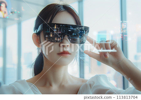 A woman wearing AR glasses 113813704