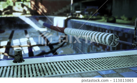 An abandoned swimming pool with cracked and faded tiles 113813865