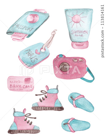 Traveler's set to or from Paris. Traveler lifestyle concept. Illustration design. Cartoon elements. Hot Summer. Ideal for stickers, patterns, cards and other stationery 113814161