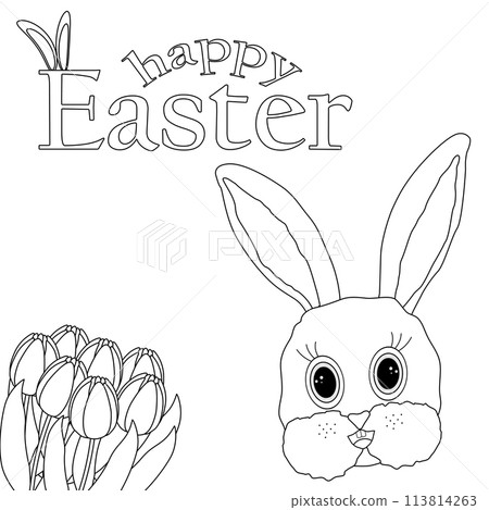 Monochrome coloring page for kids and adults featuring a Easter Bunny head, tulips, and - Happy Easter - text. Perfect for greeting card. Monochrome coloring page for kids and adults featuring a Easter Bunny head, tulips, and - Happy Easter - text. Perfect for greeting card. 113814263