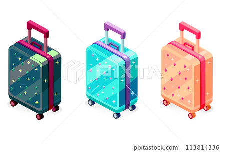 set of suitcases for traveling in a modern fashionable style on a white isolated background 113814336