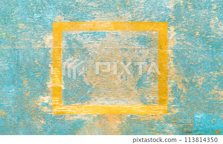 Texture of old wooden turquoise shabby plank with cracks and stains. Yellow square frame in the middle Texture of old wooden turquoise shabby plank with cracks and stains. Yellow square frame in the middle 113814350