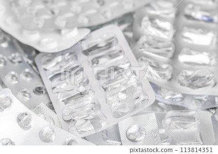 Background of used medicine packages. Empty plastic blister package. Background of used medicine packages. Empty plastic blister package. 113814351