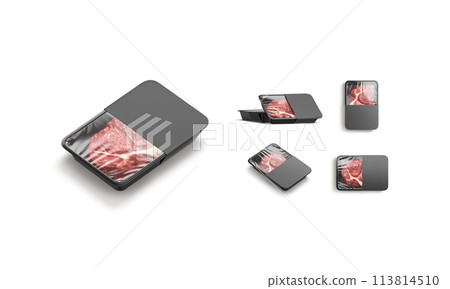 Blank transparent plastic beef tray white label mockup, different sides 113814510