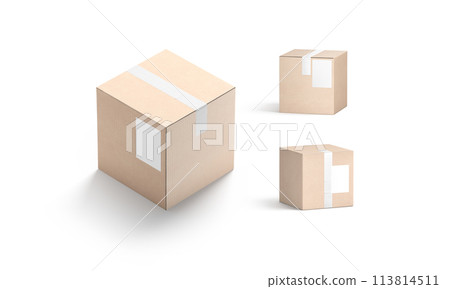 Blank white shipping label on craft box mockup, different sides 113814511