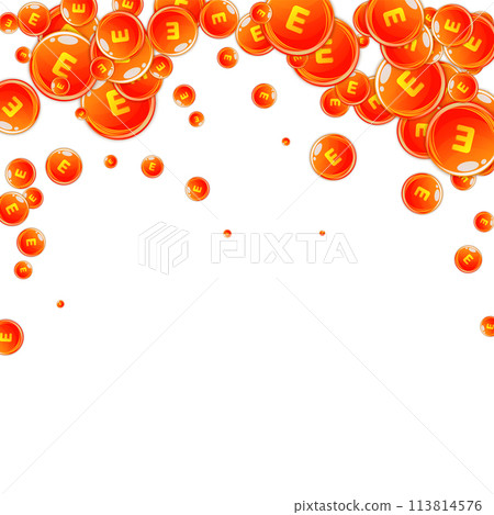 Vitamin E round capsules scattered randomly. Vitamin E round capsules scattered randomly. 113814576