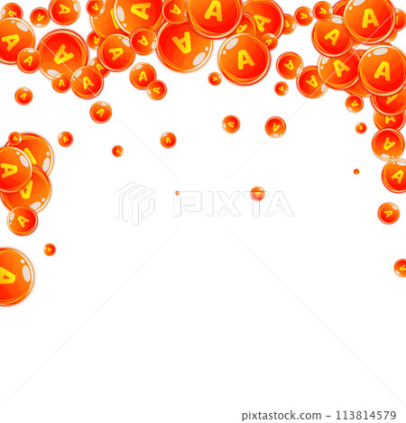 Vitamin A round capsules scattered randomly. Vitamin A round capsules scattered randomly. 113814579