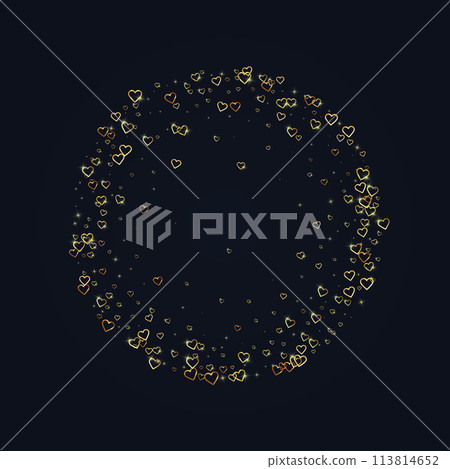 Gold hearts scattered on black background. Gold hearts scattered on black background. 113814652