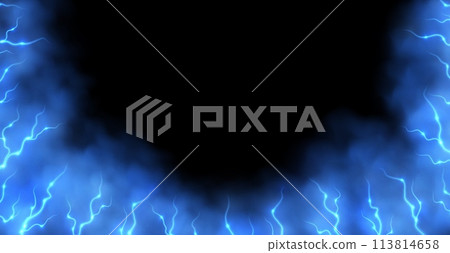 Blue smoke with lightnings abstract background, thunderbolts and vapor, lightning in blue fog 113814658