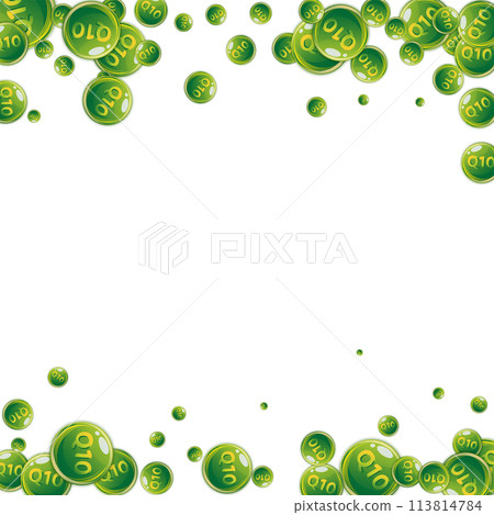 Vitamin Q10 round capsules scattered randomly. 113814784