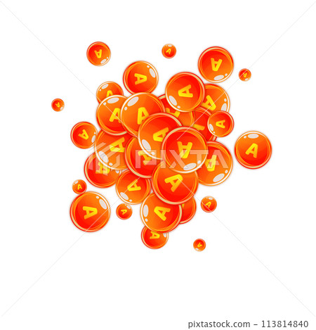 Vitamin A round capsules scattered randomly. 113814840