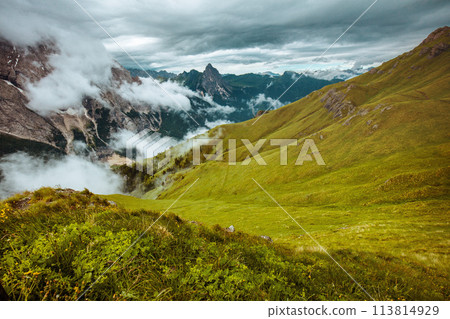 landscape with mountains, hills, clouds, grass and fog 113814929