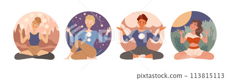 Tranquil Man and Woman Character in Yoga Pose Breathing and Meditating Vector Set Tranquil Man and Woman Character in Yoga Pose Breathing and Meditating Vector Set 113815113