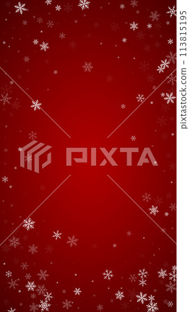 Falling snowflakes christmas background. Subtle flying snow flakes and stars on christmas red background. Beautifully falling snowflakes overlay. Vertical vector illustration. Falling snowflakes christmas background. Subtle flying snow flakes and stars on christmas red background. Beautifully falling snowflakes overlay. Vertical vector illustration. 113815195