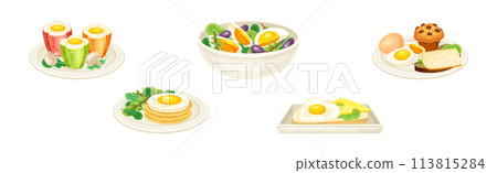 Tasty Egg Dish Served on Plate with Yolk and Garnish Vector Set 113815284