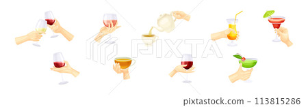 Hand Holding Drink and Different Beverage Vector Set 113815286