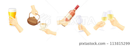 Hand Holding Drink and Different Beverage Vector Set 113815299