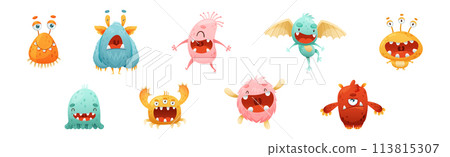 Funny Monster Character as Toothy and Hairy Mutant with Friendly Face Vector Set 113815307