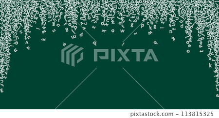 Falling letters of English language. Childish chalk flying words of Latin alphabet. Foreign languages study concept. Lovely back to school banner on blackboard background. 113815325
