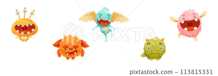 Funny Monster Character as Toothy and Hairy Mutant with Friendly Face Vector Set 113815331