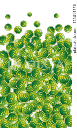 Vitamin Q10 round capsules scattered randomly. Vitamin Q10 round capsules scattered randomly. 113815356