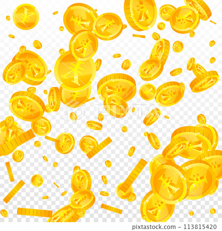 Chinese yuan coins falling. Scattered gold CNY Chinese yuan coins falling. Scattered gold CNY 113815420