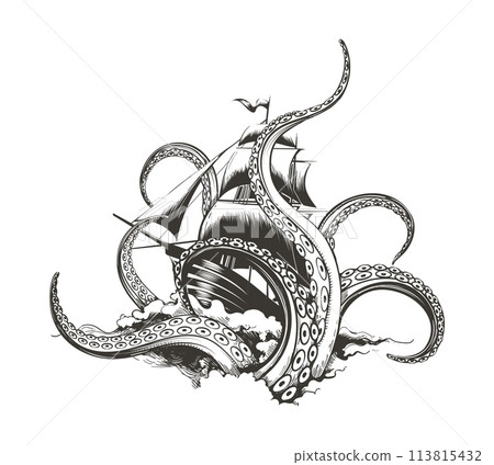 Giant octopus catches sail ship Giant octopus catches sail ship 113815432