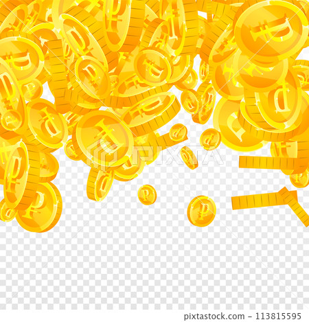 Russian ruble coins falling. Scattered gold RUB 113815595
