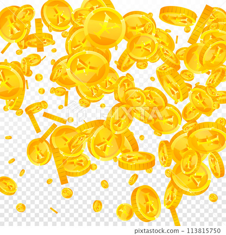 Japanese yen coins falling. Scattered gold JPY Japanese yen coins falling. Scattered gold JPY 113815750